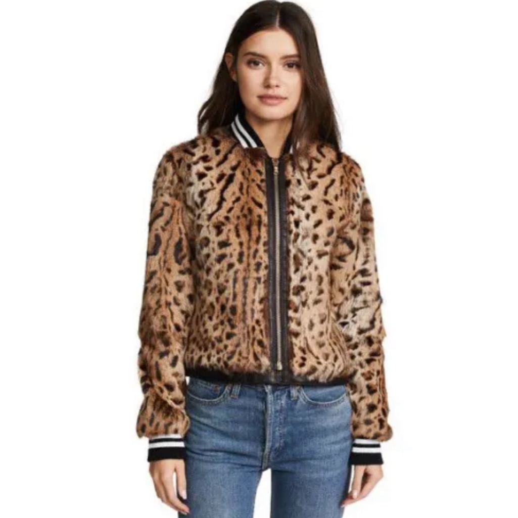 Veronica Beard Etta Leopard Print Fur Bomber Jacket